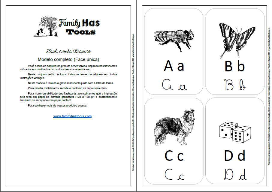 Flash Cards clássicos para alfabetização pelo método fônico com ilustrações vintage